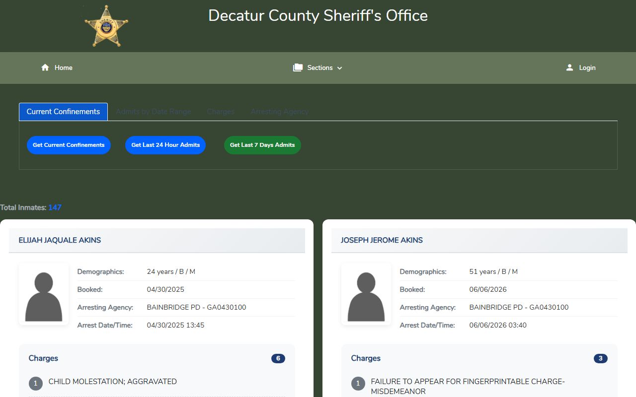 Southern Software Citizen Connect inmate confinement search for Decatur County Sheriff