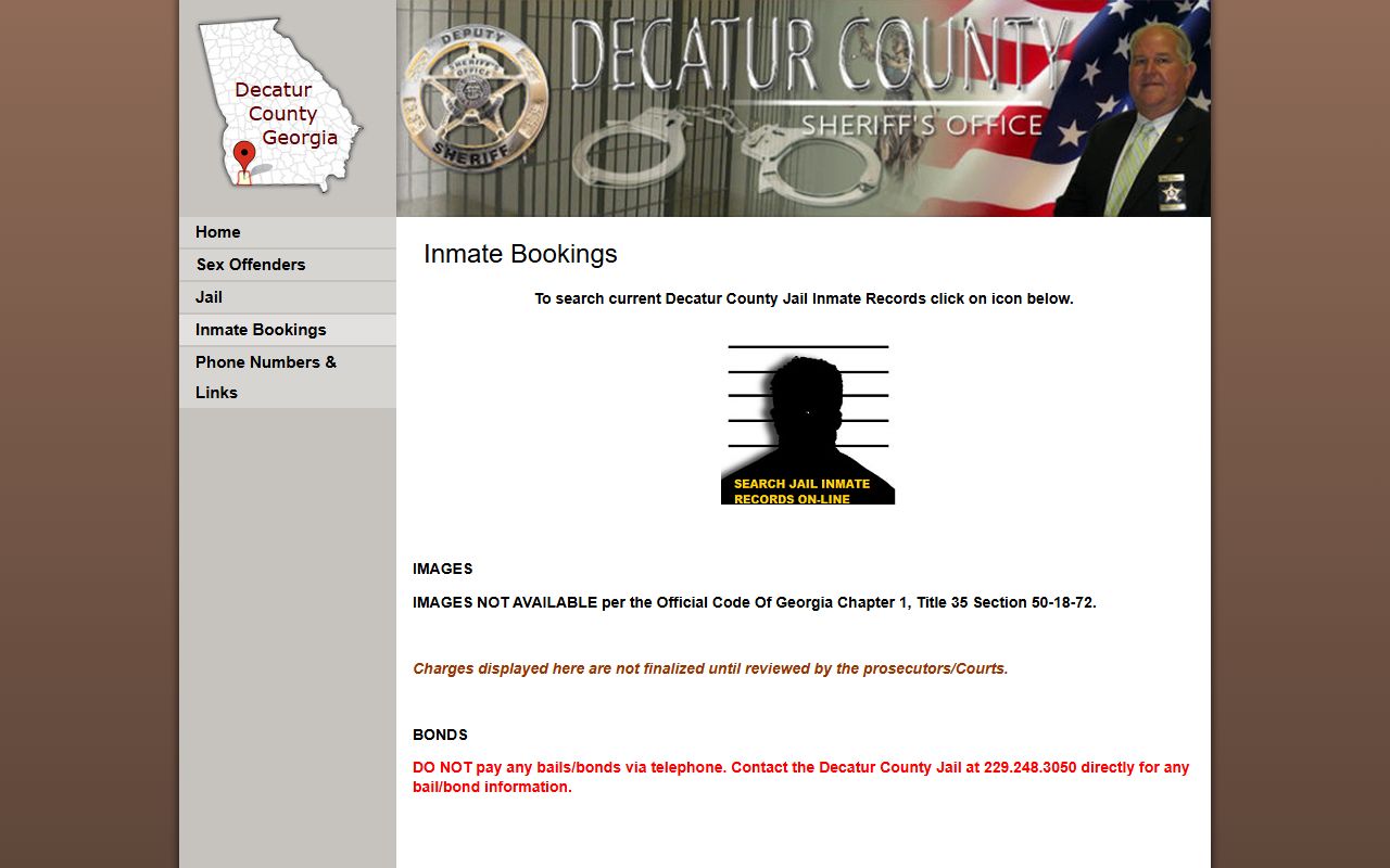 Decatur County Sheriff's Office inmate bookings page with roster link and booking cautions