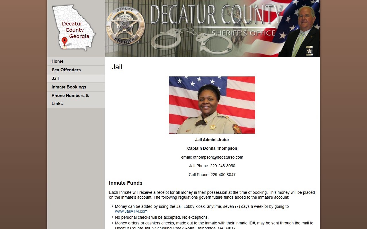 Decatur County jail rules page for mail money and bond instructions