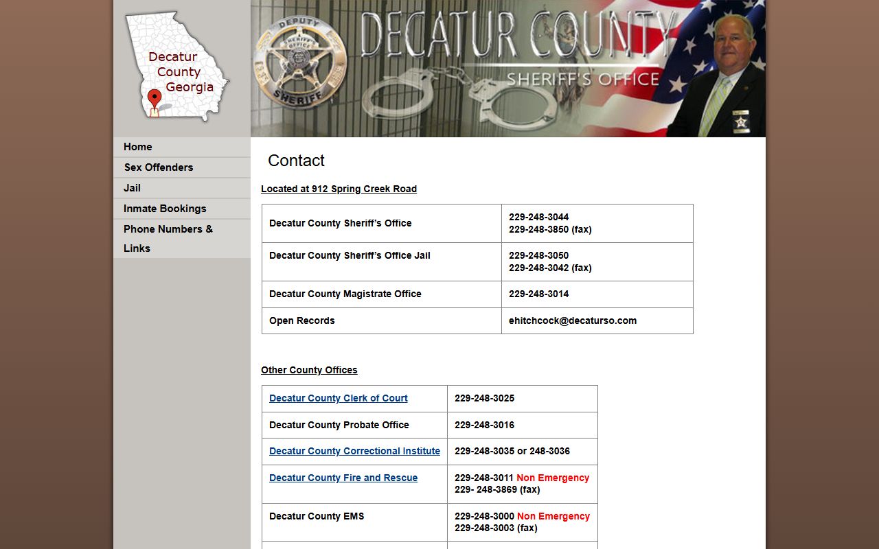 Decatur County Sheriff's Office contact page for jail and sheriff phone numbers