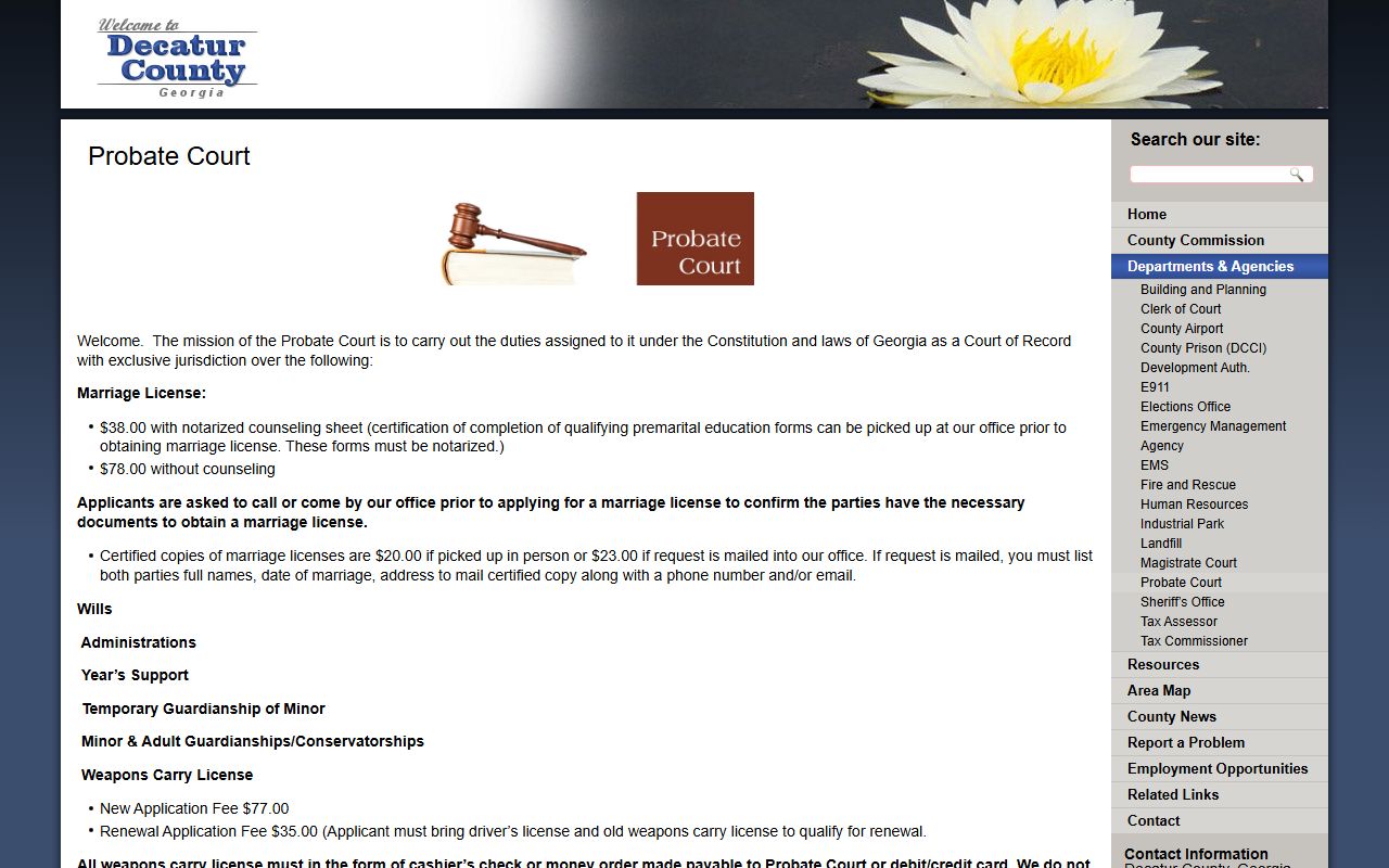 Decatur County Probate Court page with local contact and filing fee instructions