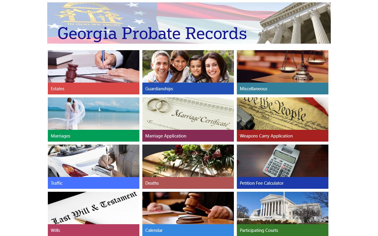 Georgia Probate Records portal with marriage traffic wills and guardianship categories