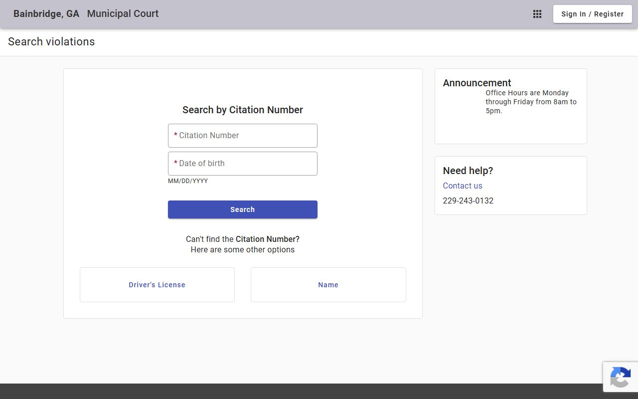 Bainbridge Municipal Court citation search portal with search options