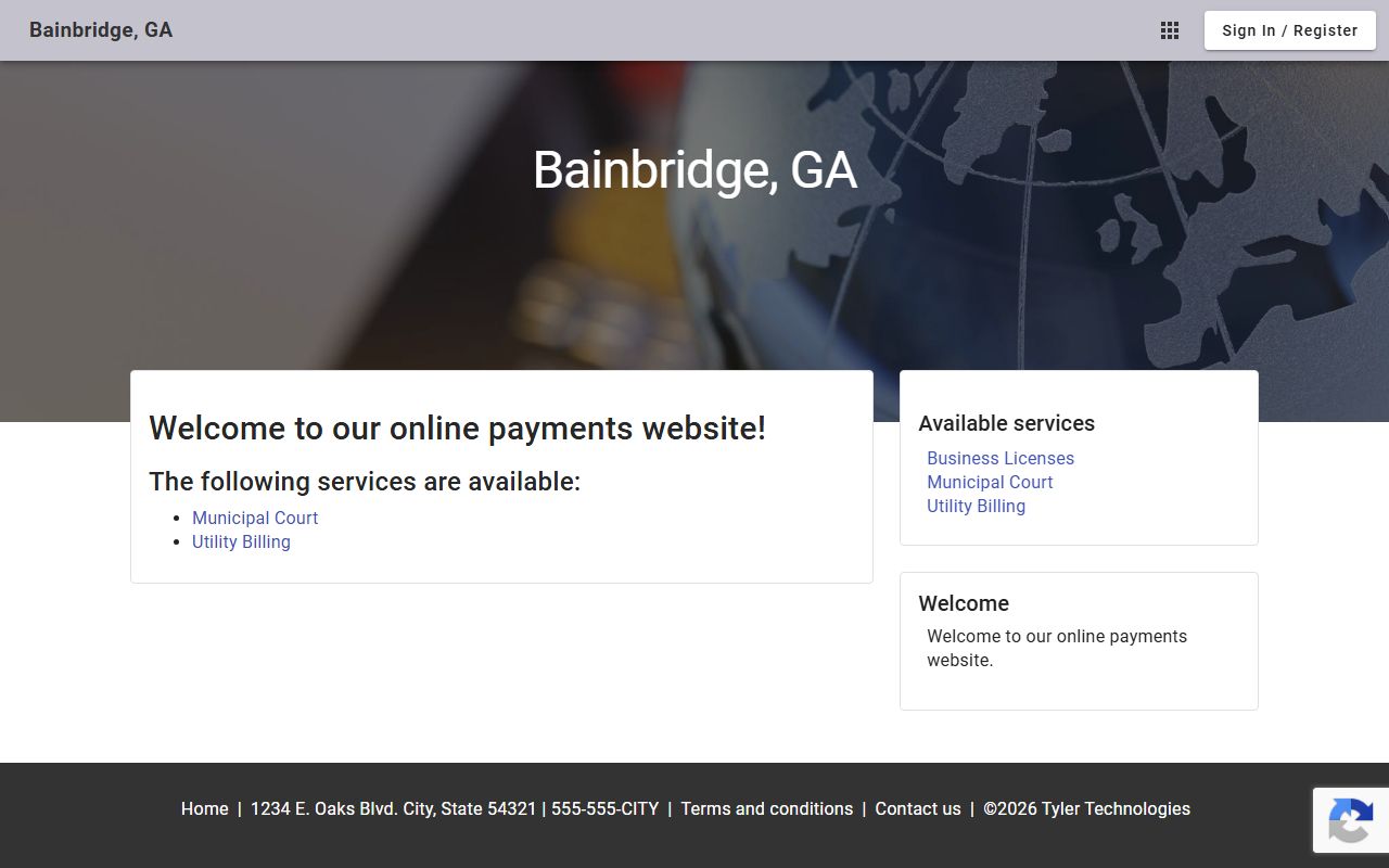Bainbridge Municipal Online Payments landing page with Municipal Court option
