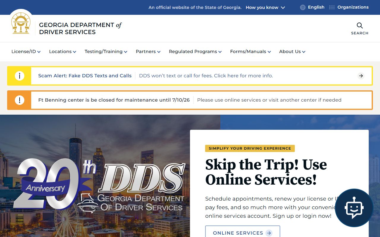 Georgia Department of Driver Services homepage for driver records and license status
