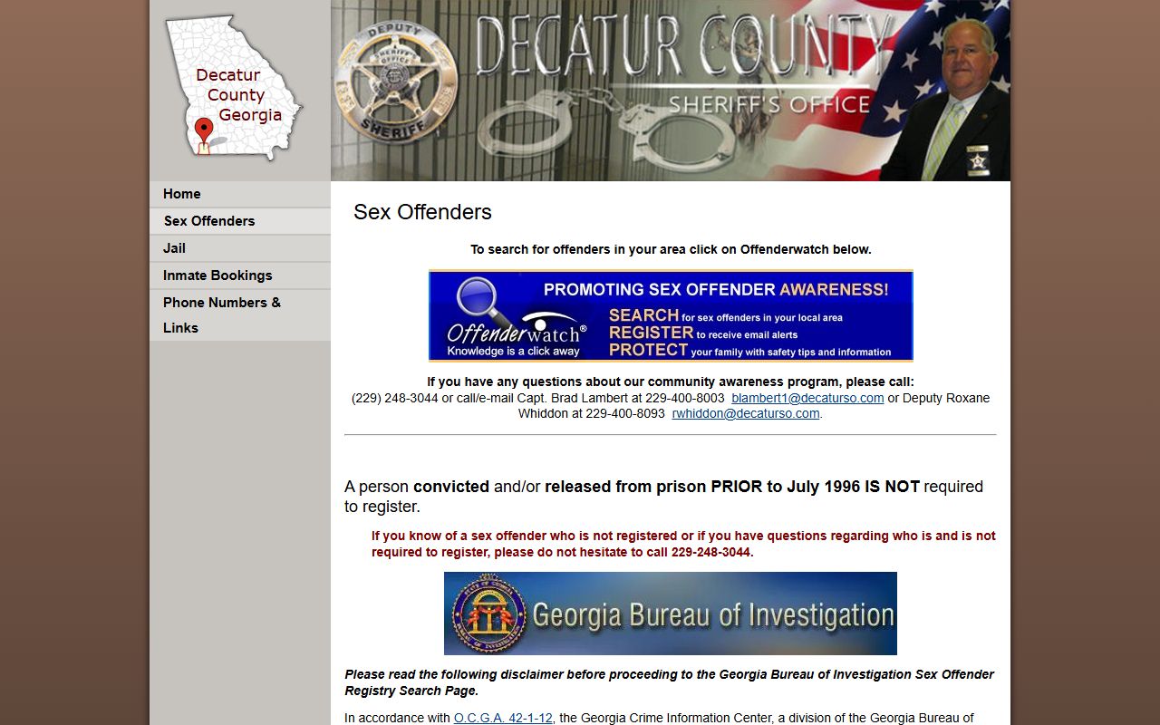 Decatur County sheriff sex offender page with registry and local contact route